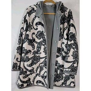 Susan Graver Reversible Polar Fleece Coat Grey White Paisley SEE MEASUREMENTS